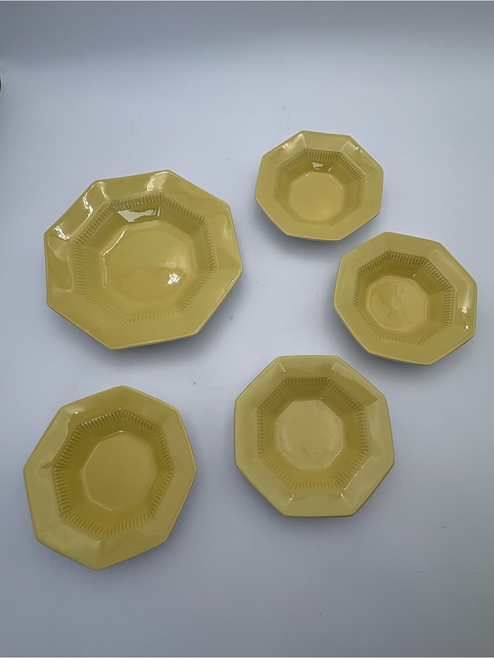 Vintage Ironstone Octagonal Yellow Ceramic Serving Bowl  Set - 5 Pieces